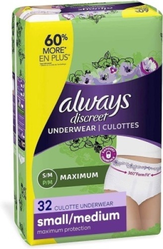 Always Discreet Incontinence & Postpartum Incontinence Underwear for Women, Small/Medium, Maximum Protection, 32 Count