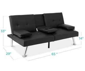 Faux Leather Upholstered Convertible Sofa Bed Futon w/ 2 Cupholders