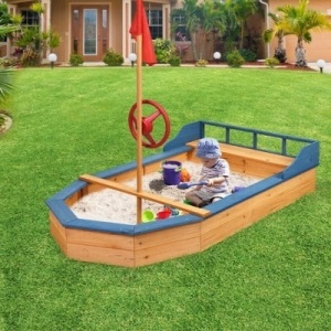 Costway Wooden Pirate Boat Sandbox for Kids