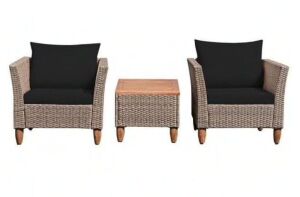 3-Piece Black Rectangular Wood 16 in. Outdoor Bistro Table Set with Black Cushion