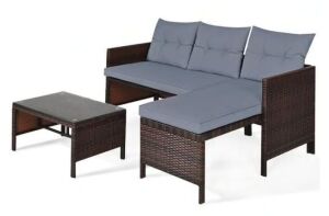 3-Piece Wicker Patio Conversation Set with Gray Cushions