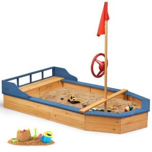 Kids Pirate Boat Wood Sandbox w/ Bench Seat & Flag 