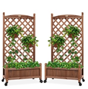 Set of 2 Wood Planter Box & Lattice Trellis w/ Optional Wheels - 48in, Appears New