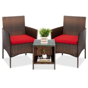 3-Piece Outdoor Patio Wicker Bistro Set w/ Side Storage Table 