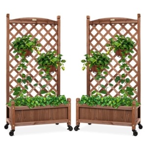 Set of 2 Wood Planter Box & Lattice Trellis w/ Optional Wheels - 48in, Appears New