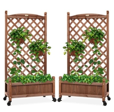 Set of 2 Wood Planter Box & Lattice Trellis w/ Optional Wheels - 48in, Appears New