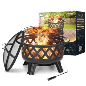 KingSo 30" Outdoor Round Fire Pit with Cooking Grate, Fire Poker, Spark Screen Cover