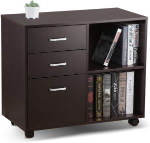 VANSPACE 3-Drawer Mobile Wood Lateral Filing Cabinet with Wheels, Printer Stand with 2 Adjustable Open Storage Shelves