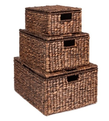 Set of 3 Large Hyacinth Storage Baskets w/ Handles, Lid - 21", 20", 18",NEW