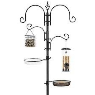 4-Hook Bird Feeding Station, Steel Feeder Stand w/ 2 Bird Feeders - 91in