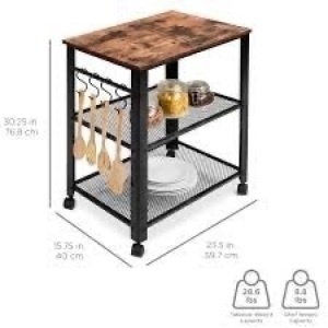 3-Tier Microwave Cart Rolling Utility Serving Cart w/ 2 Shelves, 4 Hooks