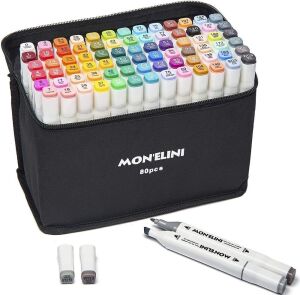 Mon'Elini Alcohol Markers Set with Blender, 80 Colors, Dual Tip