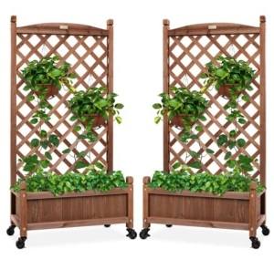 Set of 2 Wood Planter Box & Lattice Trellis w/ Optional Wheels - 48in, Appears New