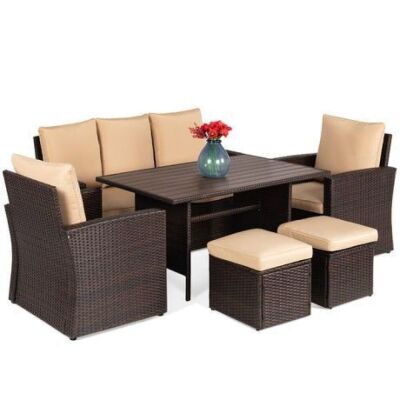 7-Seater Conversational Wicker Dining Table, Outdoor Patio Furniture Set