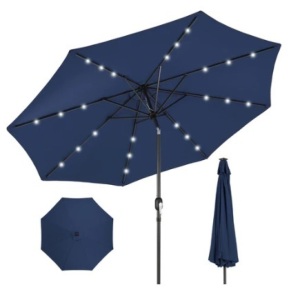 Solar LED Lighted Patio Umbrella w/ Tilt Adjustment, UV-Resistance, 10ft, Navy Blue