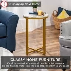 Round Coffee Side Table w/ Faux Marble Top, Metal Frame - 16in