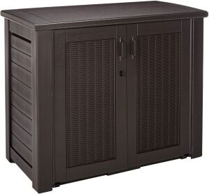 Rubbermaid Patio Chic Resin Weather Resistant Outdoor Storage Deck Box, 123 Gal., Black Oak Rattan Wicker Basket Weave