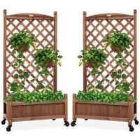Set of 2 Wood Planter Box & Lattice Trellis w/ Optional Wheels - 48in