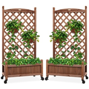 BCP. SKY 5842 : Set of 2  Wood Planter Box and Lattice Trellis  W / Optional Wheels  -48  In