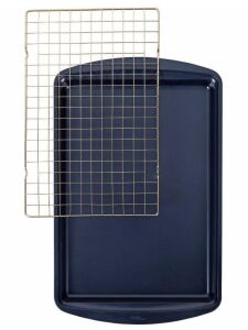 Wilton 2pc Diamond-Infused Non-Stick Large Cookie Sheet with Cooling Rack Navy Blue/Gold