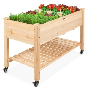 Mobile Raised Garden Bed Elevated Wood Planter w/ Wheels, Storage Shelf, Appears New