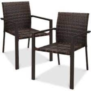 Set of 2 Stackable Wicker Chairs w/ Armrests, Steel Conversation Accent Furniture for Patio - Brown