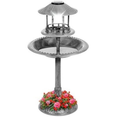 BCP. SKY  5951 :  Solar Lighted  Outdoor Pedestal  Bird Bath W/ Planter And Decorative Bird Cage