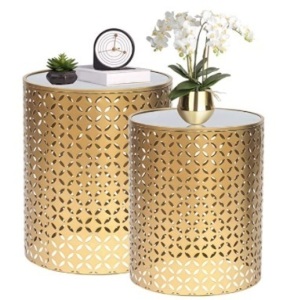 Set of 2, Gold, Nesting, Decorative Side Coffee Table/ Round Nightstands (Stainless Steel Top)