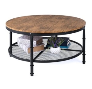 2-Tier Round Industrial Wood & Steel Coffee Table, 35.5in, Brown