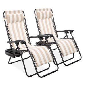 Set of 2 Patio Chair Recliners, Tan Striped