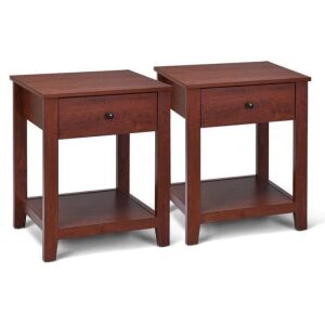 Set of 2 Night Stand End Side Table with Drawer and Shelf