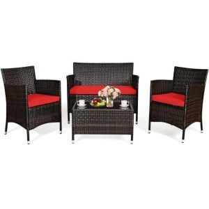 4 Pc Rattan Patio Furniture Set with Red Cushions