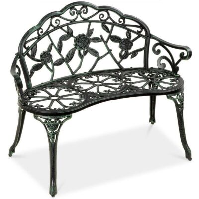 Steel Garden Bench Outdoor Patio Furniture w/ Floral Rose Accent - 39in