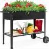 Elevated Metal Garden Bed for Backyard w/ Wheels, Shelf