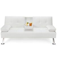 Convertible Folding Futon Sofa Bed Leather w/Cup Holders & Armrests&nbsp;