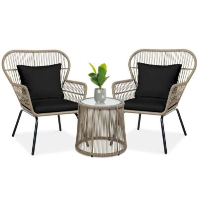 3-Piece Patio Wicker Conversation Bistro Set w/ 2 Chairs, Glass Top Table