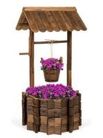BCP, Rustic Wooden Wishing Well Planter Yard Decoration w/ Hanging Bucket