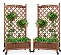 Set of 2 Wood Planter Box & Lattice Trellis w/ Optional Wheels - 48in,APPEARS NEW