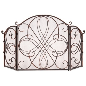 3-Panel Wrought Iron Metal Fireplace Screen Cover w/ Scroll Design - 55x33in