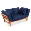 Outdoor Convertible Acacia Wood Futon Sofa w/ 4 Pillows, Removable Cushion