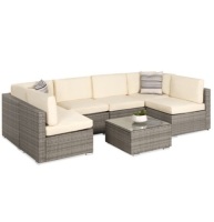 7-Piece Modular Wicker Sectional Conversation Set w/ 2 Pillows, Cover, Gray/Cream