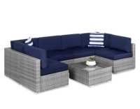 7-Piece Modular Wicker Sectional Conversation Set w/ 2 Pillows, Cover, Gray/Navy, Appears New