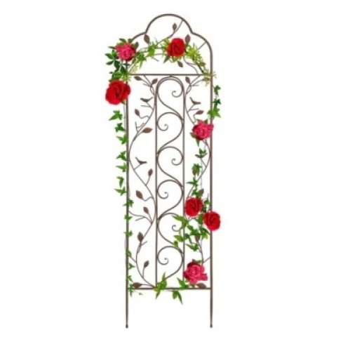 Iron Arched Garden Trellis Fence Panel w/ Branches, Birds - 60x15in, Appears New