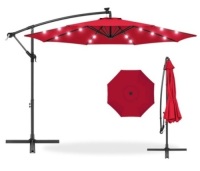 Solar LED Offset Hanging Patio Umbrella w/ Crank Tilt Adjustment - 10ft, Red