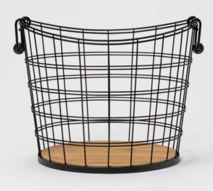 Case of (2) Metal Wire Round Basket with Solid Wood Base and Coiled Handle