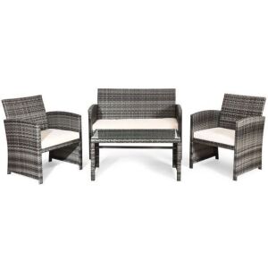 4 Pieces Patio Rattan Furniture Set Conversation Glass Tabletop Cushioned Sofa