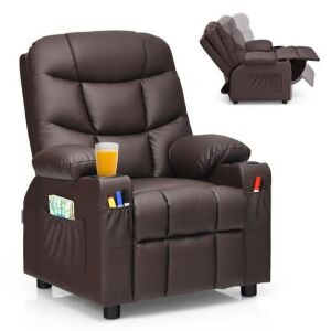 Kids Recliner Chair with Cup Holders & Side Pockets, Brown 