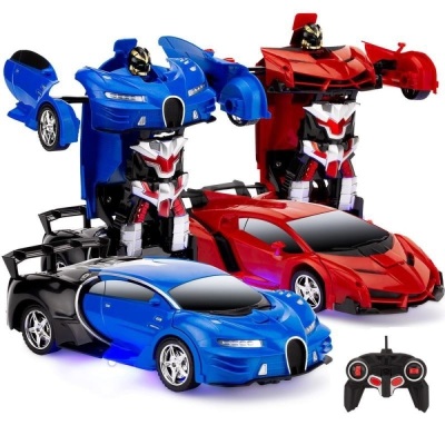 Set of 2 1/18 Scale RC Remote Control Transforming Robot Car Toys - Appear New