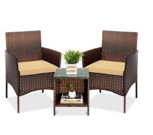 3-Piece Outdoor Patio Wicker Bistro Set w/ Side Storage Table,APPEARS NEW