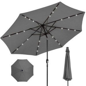  10ft Solar LED Lighted Patio Umbrella w/ Tilt Adjustment, UV-Resistant Fabric - Gray